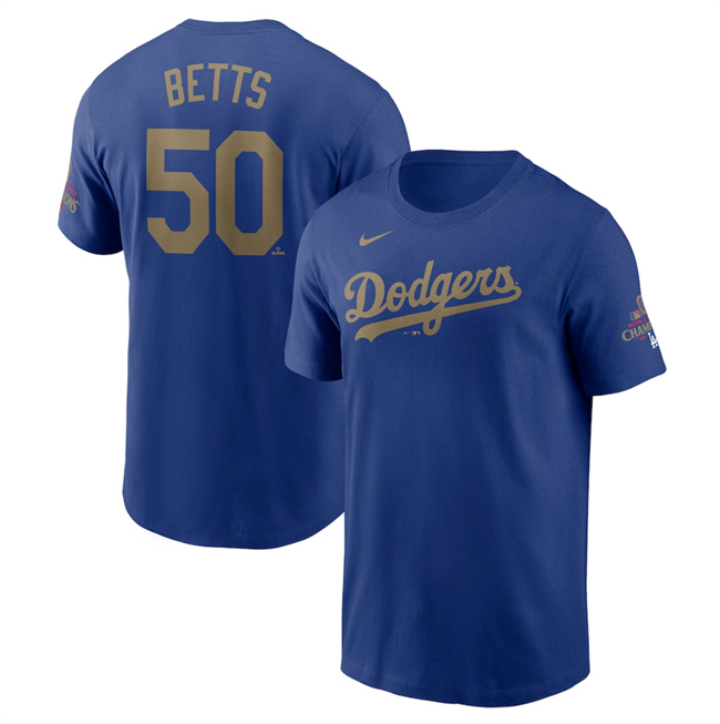 Men's Royal Los Angeles Dodgers #50 Mookie Betts 2025 Gold Collection Name & Number T-Shirt